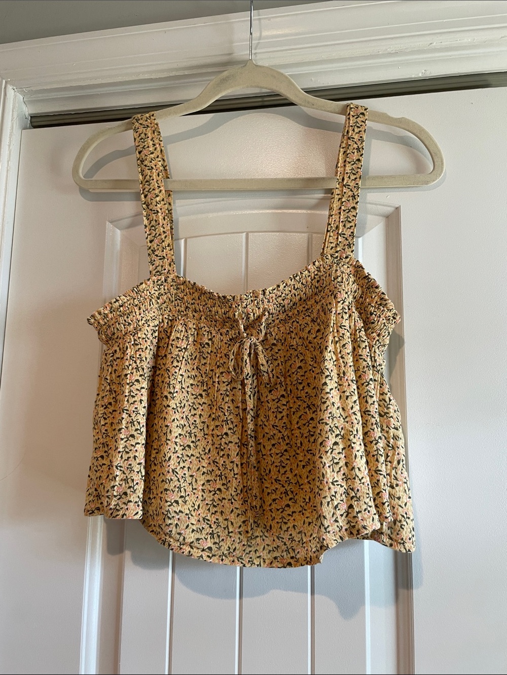 American Eagle Outfitters Yellow Floral Smocked Cropped Cami
